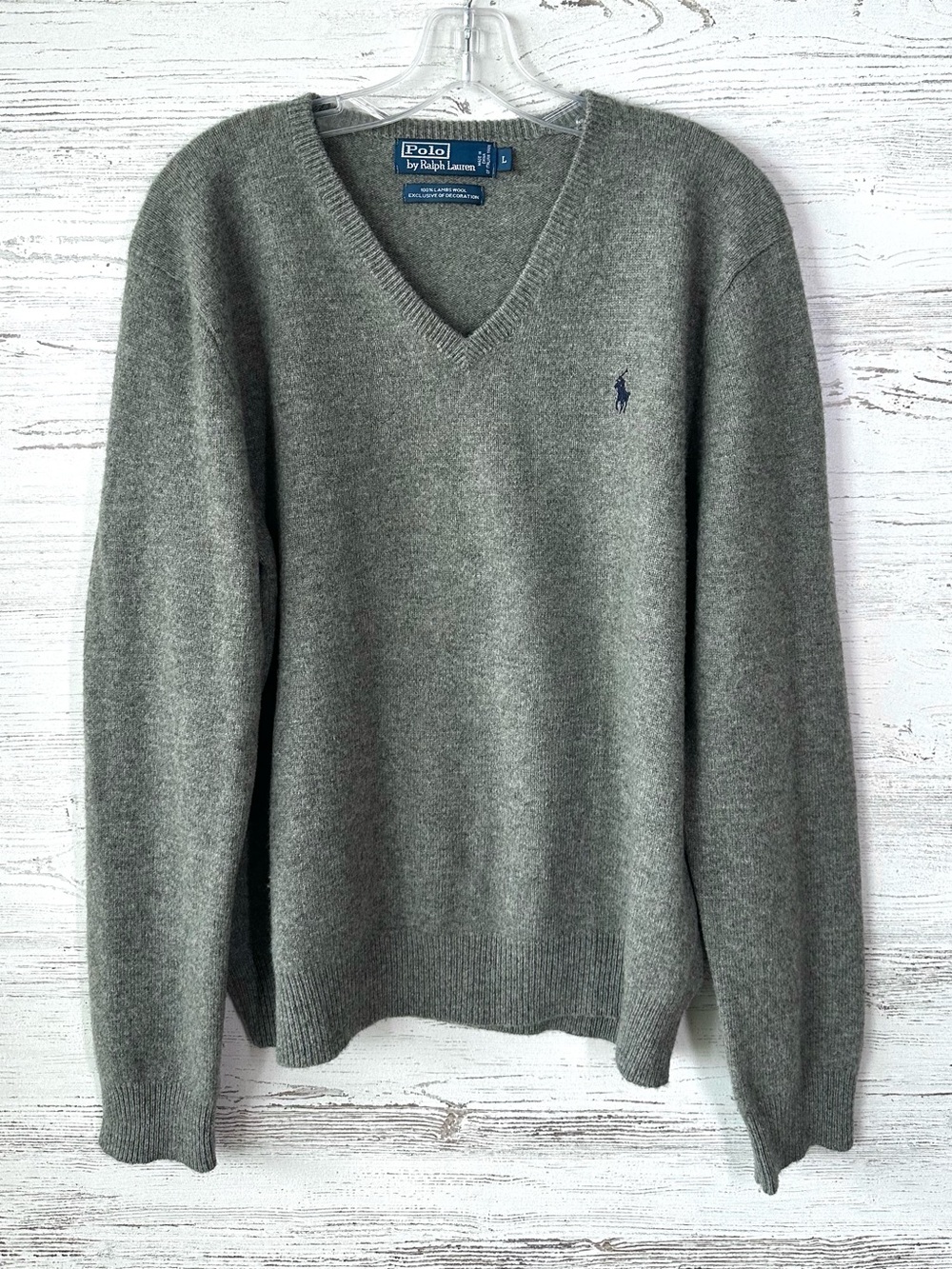 VINTAGE POLO RALPH LAUREN 90s Y2K 100% Lambswool V Neck Sweater Heather Gray L